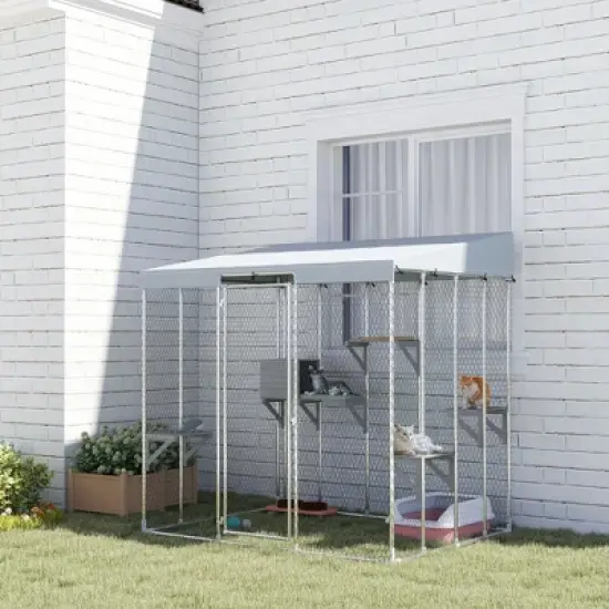 PawHut Large Catio Outdoor Cat Enclosure, Galvanized Steel Outdoor Cat House with 420D Waterproof Canopy for 1-3 Large Cat, Walk-in Cat Cage, Silver image {1}
