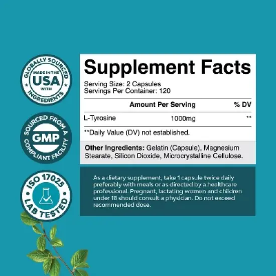 L-Tyrosine Capsule, High Strength L-Tyrosine Supplement for Mental Energy, Mood, Focus, Attention & Cognition, Nature's Craft, 240ct image {2}