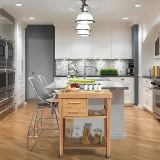 Costway Bamboo Kitchen Trolley Cart Wood Rolling Island w/ Tower Rack & Drawers image {3}