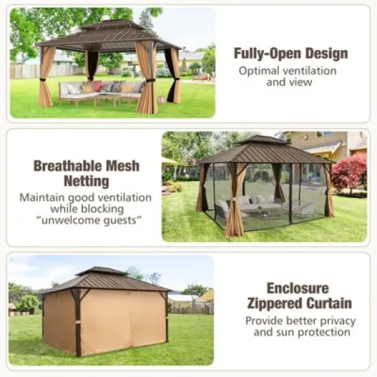 Tangkula 14 x 12 FT Hardtop Gazebo w/ Netting Heavy-Duty Double-Roof Galvanized Metal Top image {9}