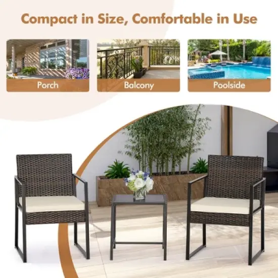 Tangkula 3PCS Patio Rattan Hand-Woven PE Wicker Bistro Set Outdoor Furniture Set w/ Table & Cushion image {5}