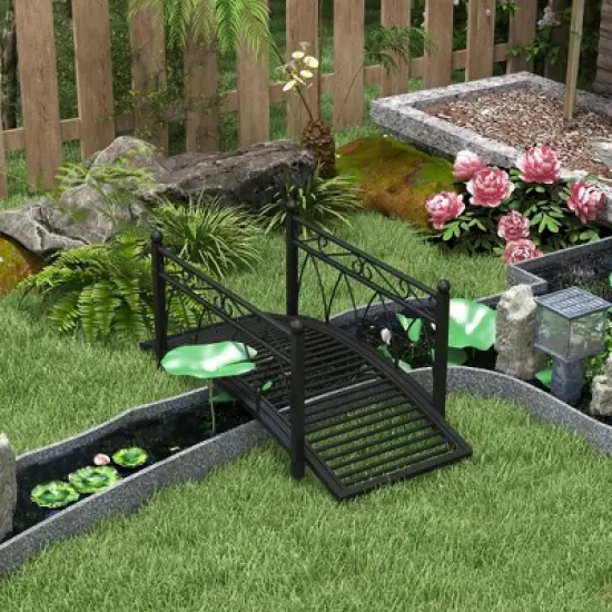 Outsunny 3.3' Metal Arch Zen Garden Bridge with Safety Siderails, Decorative Footbridge, Delicate Scrollwork & Corner Spheres for Stream image {1}