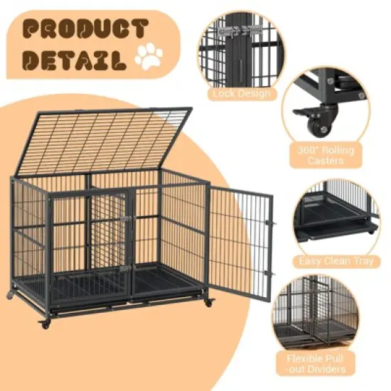 Dog Crate for Large Dogs, Chew-Resistant Dog Kennel with Double Door & Lockable Wheels image {5}