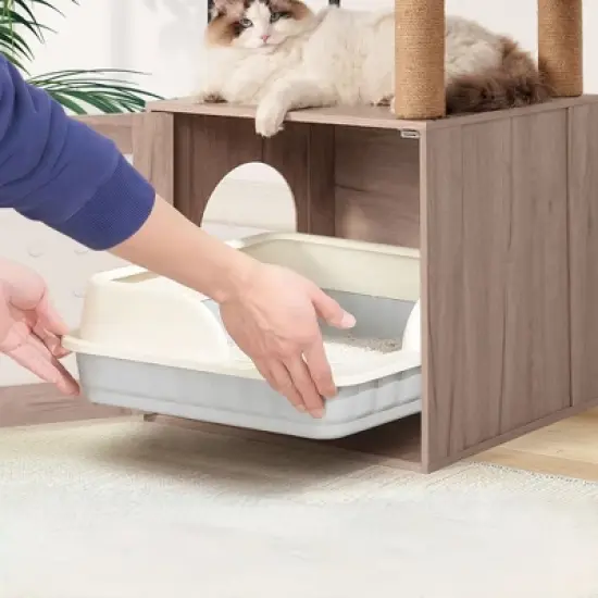 SEVOBAL Pet Tower All-in-One Cat Tree with Litter Box Enclosure, Featuring Hammock, Bed, Food Station, Scratching Posts, Beige, 25.59"*20.08"*7.68" image {4}