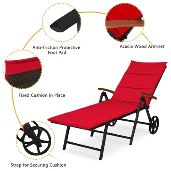 Costway Folding Patio Rattan Lounge Chair Cushioned Aluminum w/ Wheel image {7}