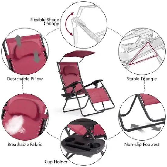 Costway Folding Recliner Zero Gravity Lounge Chair W/ Shade Canopy Cup Holder Wine image {5}