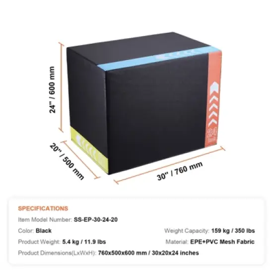 VEVOR 3 in 1 Plyometric Jump Box, 30/24/20 Inch Foam Plyo Box, Platform & Jumping Agility Box, Anti-Slip Fitness Exercise Step Up Box image {7}