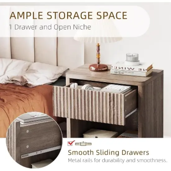 Night Stand Set of 2 With Fluted Drawer Storage End Table, Mid Century Wood Night Stands, Large Modern Farmhouse Nightstand for Bedroom Office image {5}