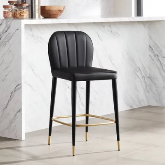 55 Downing Street Metal Bar Stool Black Gold 25" High Mid Century Modern Faux Leather Cushion with Backrest Footrest for Kitchen Counter Height Island image {1}