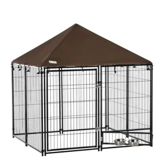 PawHut Outdoor Dog Kennel, Puppy Play Pen with Canopy Garden Playpen Fence Crate Enclosure Cage Rotating Bowl, Black image {3}