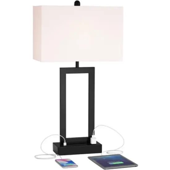 360 Lighting Modern Table Lamp with USB and AC Power Outlet 30" Tall Black Metal White Rectangle Shade for Living Room Bedroom House image {2}