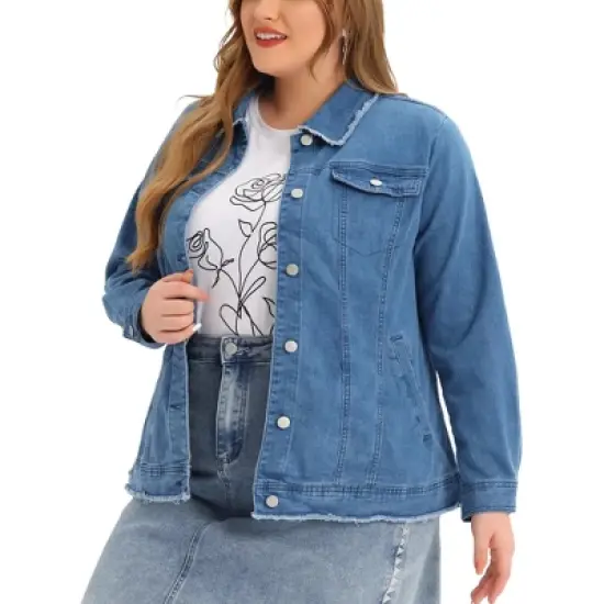 Agnes Orinda Women's Plus Size Denim Chest Pocket Frayed Washed Crop Jean Jackets image {9}
