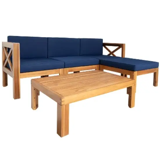 FIONECA Outdoor 5-Piece Wooden Sectional Sofa Set, Patio Backyard Seating Group with Cushions, Natural Wood Finish + Blue Cushions image {8}