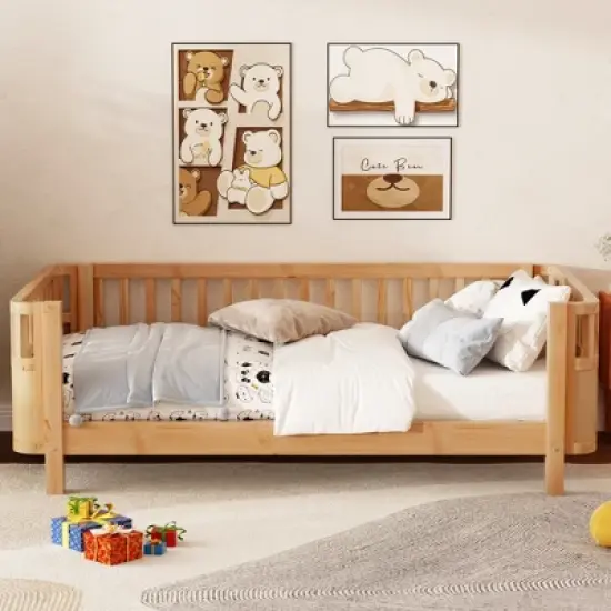 Twin/Full Wood Platform Bed Daybed with Safety Rails, Sofa Bed Low Profile Toddler Bed Frame - ModernLuxe image {2}
