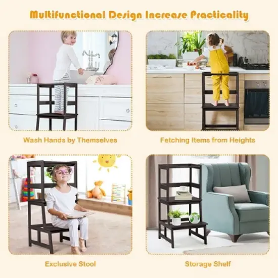 Costway Kids Kitchen Step Stool Wooden Toddler Stand Helper w/ Safety Rail Gray\Brown image {4}