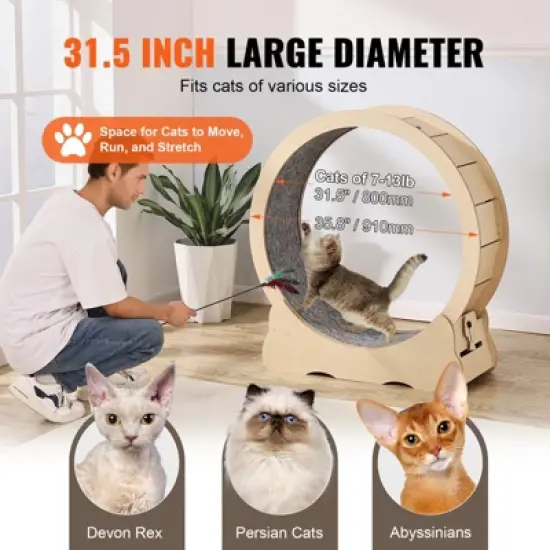 VEVOR Cat Exercise Wheel, Large Cat Treadmill Wheel for Indoor Cats, 35.8 inch Cat Running Wheel with Detachable Carpet and Cat Teaser, Beige image {4}
