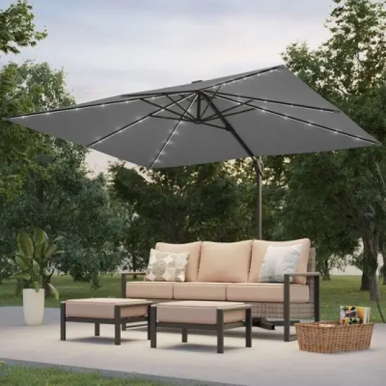 Sonkuki 10x8FT Round Offset Outdoor Patio Solar LED Cantilever Umbrella, 360&deg; Rotation and Canopy Angle Adjustment image {10}