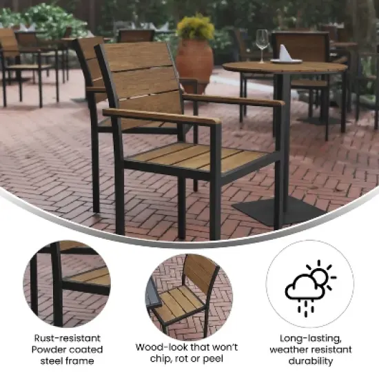 Emma and Oliver Outdoor Stacking Side Chair with Faux Teak Poly Slat Seat, Back and Arms and Metal Frame image {5}