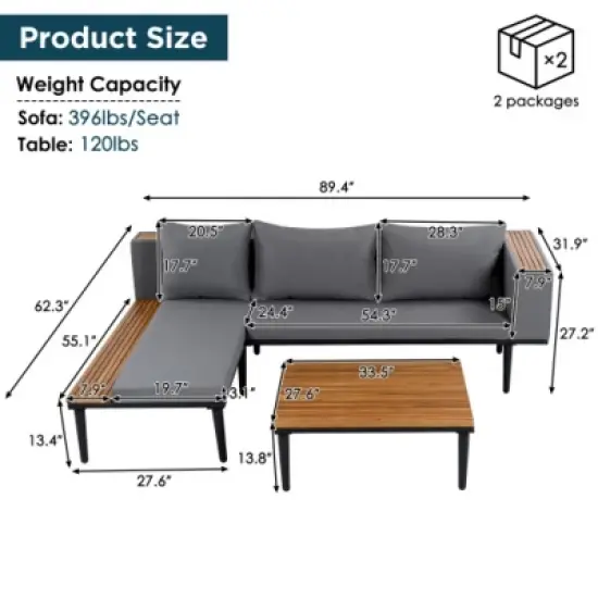 Outdoor Patio Conversation Sectional Sofa Set with Cushions and Coffee Table, Modular Wood Furniture for Deck, Backyard, or Porch - The Pop Home image {3}