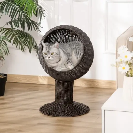 SKYONE Rotating Elevated Cat Bed with Soft Cushion, Handwoven Wicker Basket Design, 23.5" image {3}