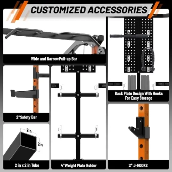 Power Cage, Multi Function 2000LB Squat Rack with Dual Pulley Cable Crossover System, Free Weight Home Equipment with Bench and Attachment Orange image {6}
