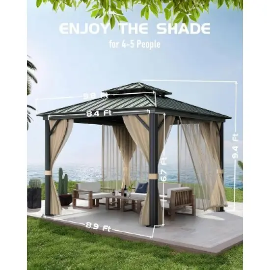 Garvee 10x10ft Hardtop Gazebo with Nettings and Curtains, Heavy Duty Double Roof Galvanized Steel Outdoor Combined of Vertical Stripes Roof (Khaki) image {2}
