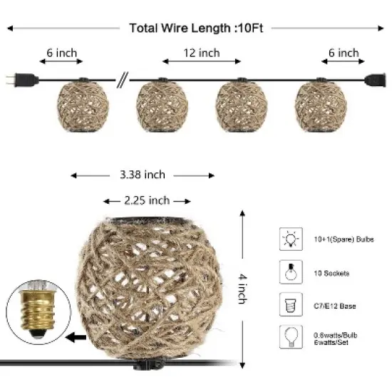 JONATHAN Y Oahu 10' 10-Light Incandescent C7 Hemp Rope Shaded String Lights: UL Listed, Indoor/Outdoor Use, LED Compatible image {6}