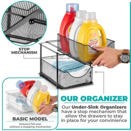 Sorbus 2 Pack 2 Tier Baskets with Mesh Sliding Drawers - Ideal Cabinet, Under the Sink, etc - Great for Bathroom, Kitchen, Office, etc. image {3}