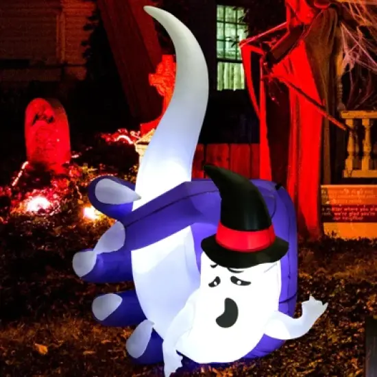 Tangkula 6FT Tall Halloween Inflatable Decoration, White Wizard Hat Decoration Grabbed in Hand Outdoor Decoration with Bright LED Lights image {4}