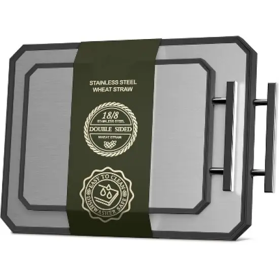 Attop Double Sided Steel Cutting Board Set for kitchen,Stainless Steel/Wheat straw pp Large for meat,Dishwasher Safe [16 * 11+12 * 8.3 Inch] image {7}