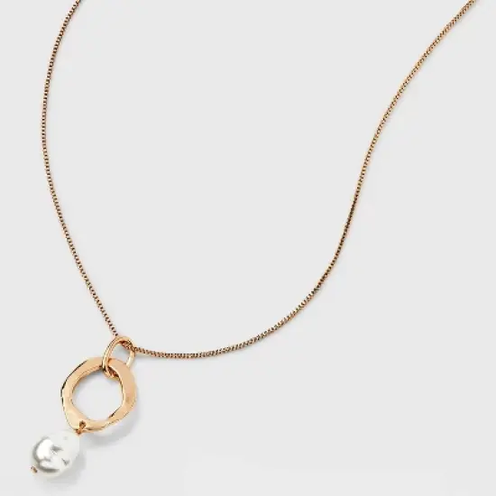 Hammered Ring and Pearl Drop Pendant Necklace - A New Day&trade; Gold image {4}