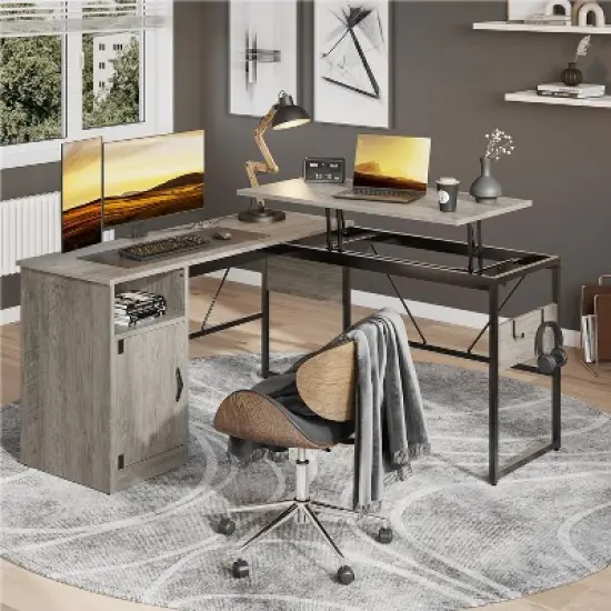 Bestier Versatile 60" L-Shaped Standing Desk, Height Adjustable (30-39"H) Sit to Stand Home Office Desk with Storage Cabinet & Hooks image {5}