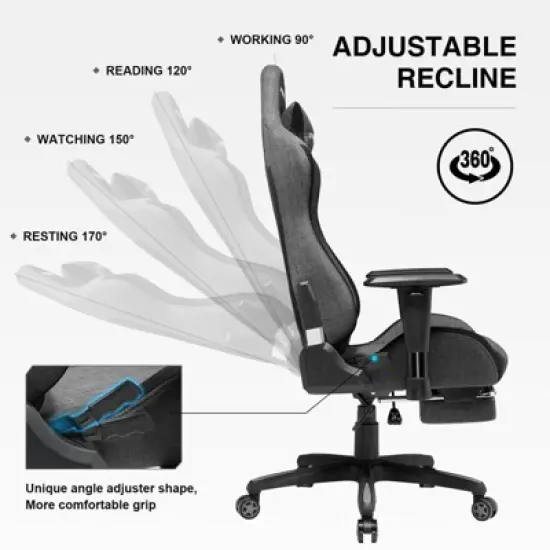 GTRACING Gaming Chair Fabric Height Adjustable Footrest Reclining Office Chair Darkgray image {3}