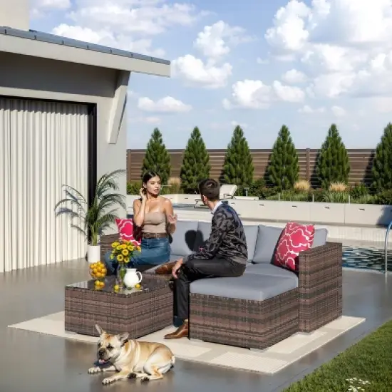 5 Pieces Patio Furniture Set, All-Weather Wicker Sectional Sofa with Glass Coffee Table and Ottoman for Balcony, Porch, Garden image {2}