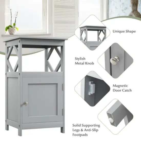 Costway Bathroom Floor Cabinet Side Storage Organizer with Open Shelf & Single Door Grey/White image {5}