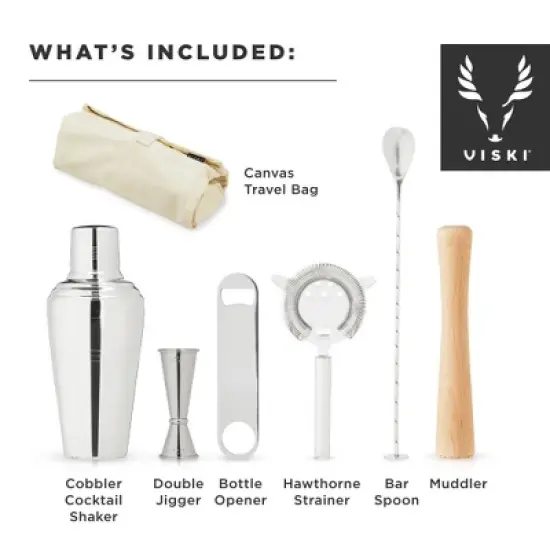 Viski Travel Bartender Kit 6pc Set | Drink Mixers for Cocktails Gift Essentials:Classic Cobbler Shaker,Hawthorne Strainer,Bottle Opener,Barspoon,Brown image {1}
