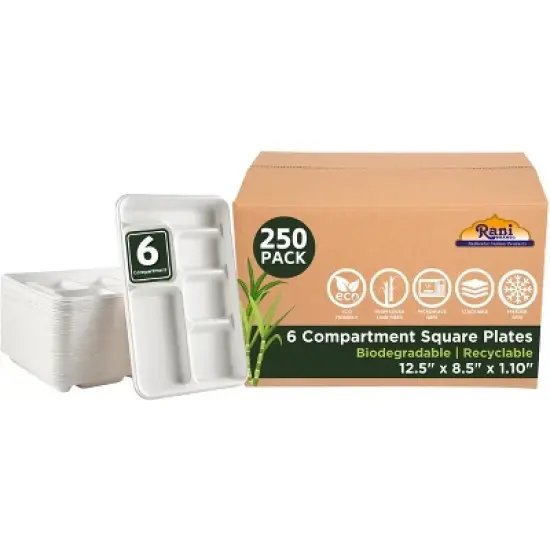 6 Compartment Square Biodegradable Divided Plates - Pack of 250 - Rani Brand Authentic Indian Products image {9}