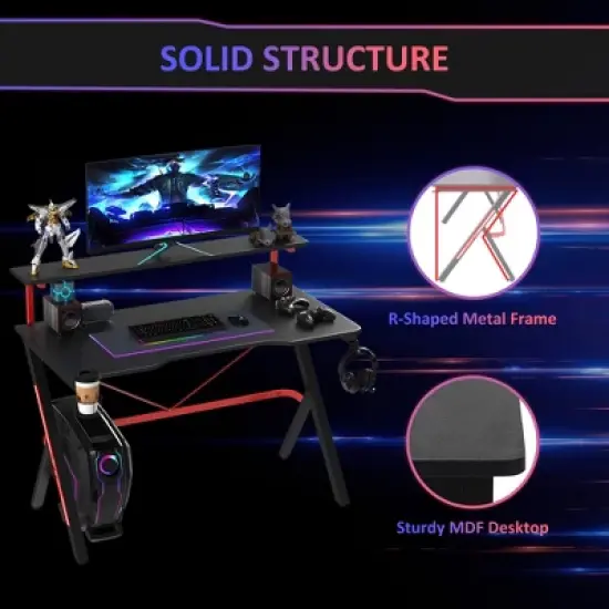 RISOKEYS 47 Inch Gaming Computer Desk, With Elevated Monitor Shelf, Rotatable Cup Holder & Headphone Hook,for Home Office, Games, Study,(Table only) image {4}