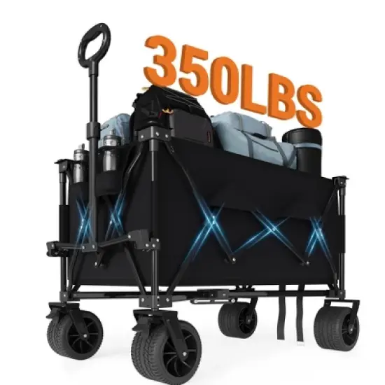 Collapsible Wagon Cart with Wheels, Foldable Utility Heavy Duty Wagon for Camping, All Terrain Beach Cart with Cup Holders image {2}