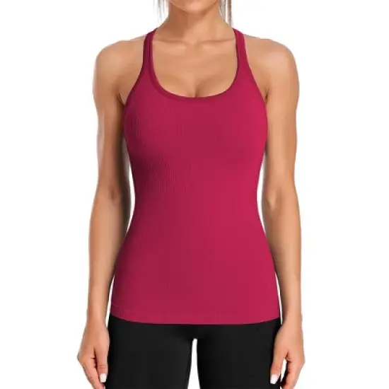 Attraco Women's Ribbed Workout Tank Tops with Built in Bra Tight Racerback Scoop Neck Athletic Top Yoga Tops image {4}