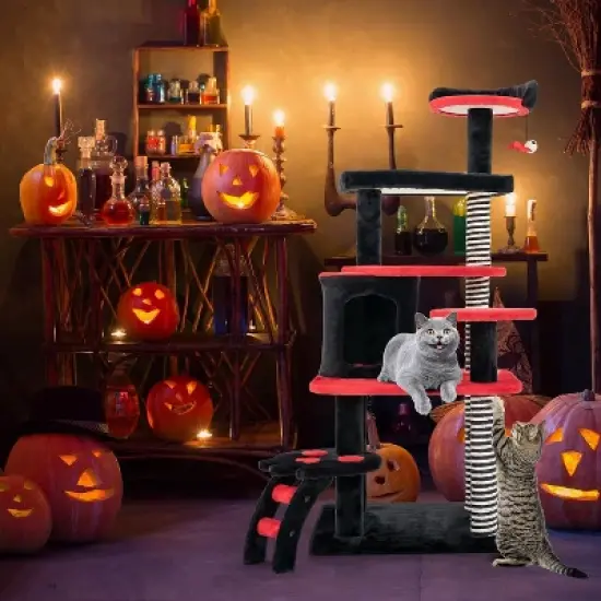 Tangkula Gothic Cat Tree 52" Black Cat Tower with Cat Bed Cat Condo Sisal Scratching Posts Pompom Bat-Shaped Ball Halloween image {2}