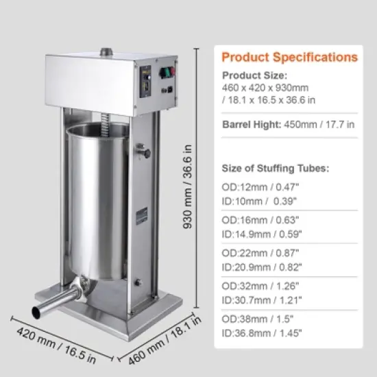 VEVOR Electric Sausage Stuffer, 25 L / 55 LBS Vertical Meat Stuffer, 400W Motor, Stepless Speed Control and Foot Pedal, Silver image {7}