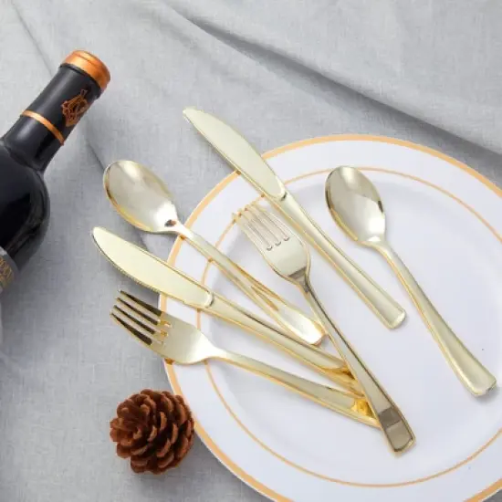 Itopfox 300PCS Gold Plastic Silverware Set, Heavy Duty Disposable Flatware Dinnerware, 100 Forks, 100 Spoons 100 Knives for Party, Wedding, Daily Use image {3}