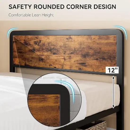 Queen Bed Frame with Headboard, Flannel Stool and 2 Storage Drawers, Metal Platform Bed Frame, Safe Rounded Corners, No Noise, No Box Spring Needed image {3}