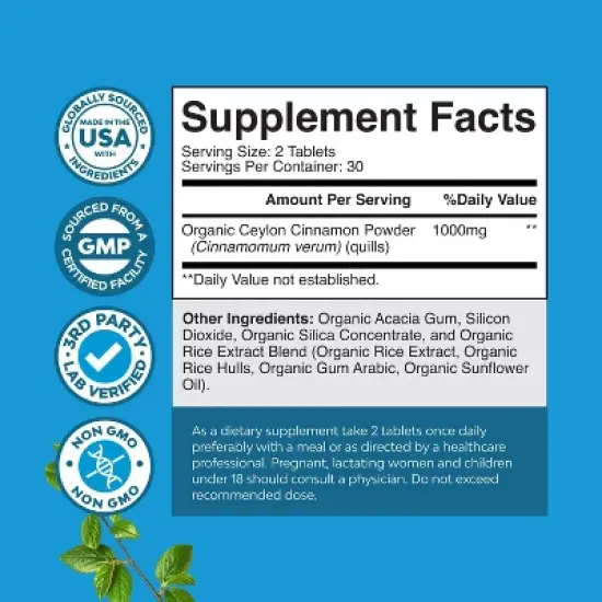 Organic Ceylon Cinnamon Extract Tablets 1000mg, Blood Sugar Support, Immune System & Heart Health Aid, Immune Support for Adults, Nature's Craft, 60ct image {2}