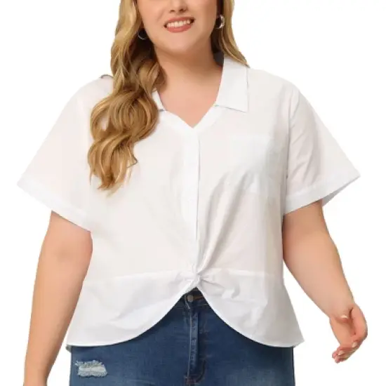 Agnes Orinda Women's Plus Size Flat Collar Twist Hem Chest Pocket Short Sleeve Shirt Top image {1}