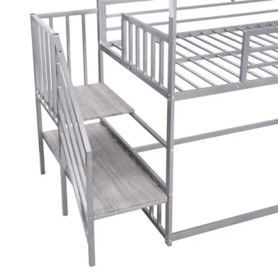 Twin over Twin Metal Bunk Bed House Bed with Slide and Staircase-ModernLuxe image {9}