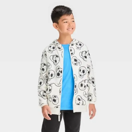Boys' Skull Printed Halloween Zip-Up Sweatshirt - Cat & Jack&trade; Cream image {3}