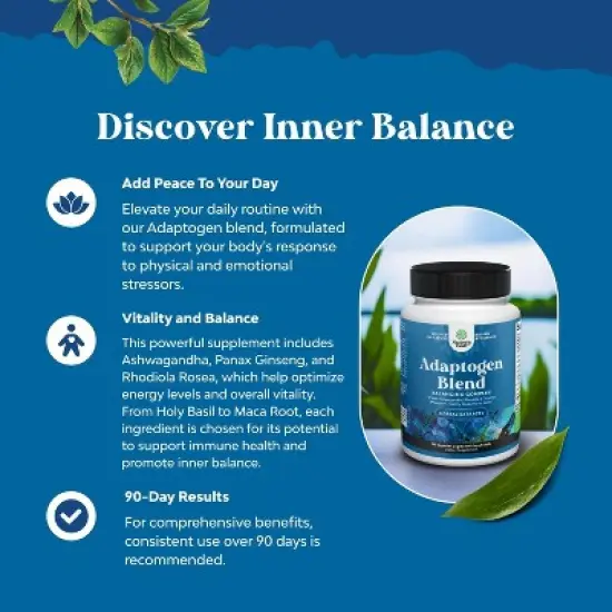 Adaptogen Blend Supplement, Adaptogens Supplement for Stress & Cortisol Management with Ashwagandha Rhodiola Rosea & Maca Root, Nature's Craft, 180ct image {4}