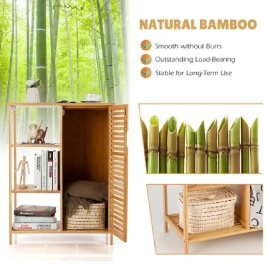 Costway Bathroom Cabinet Bamboo Storage Floor Cabinet w/ Single Door & 3 Open Shelves image {8}